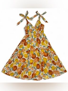 Pinch Citrus Print Flowy Tiered Long Maxi Dress with Tie Shoulders Size Large